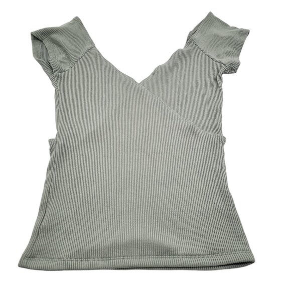 abbeline Women's Medium Ribbed Wrap Top Cap Sleeves in Sage - Picture 7 of 9